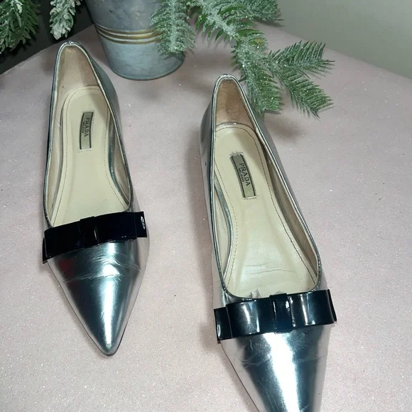 Prada patten silver leather kitten heels with black leather bow size 6.5 US - Picture 1 of 14